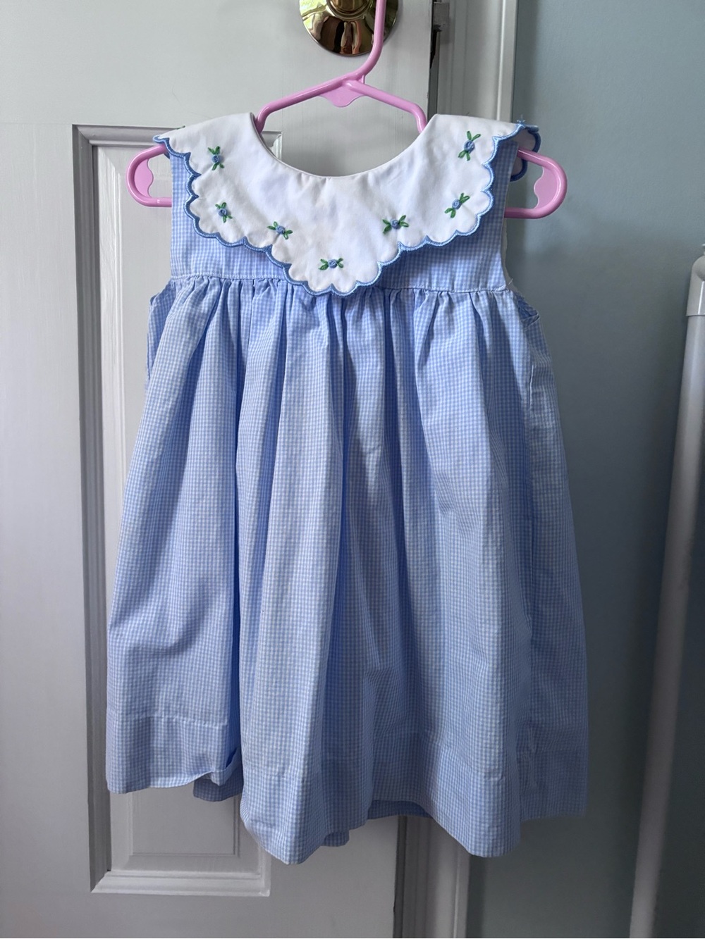 Blue Gingham Girls' Dress with Embroidered White Collar